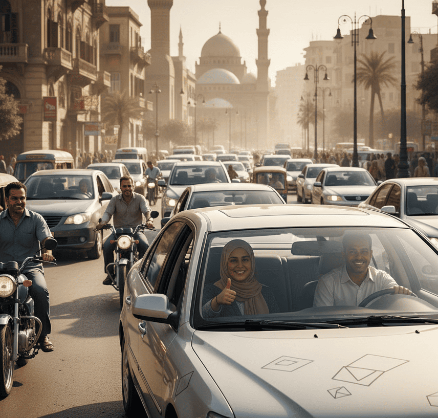 Busy Cairo street with yellow taxi cabs, modern cars, Egyptian urban traffic, Tahrir Square, city buildings, bustling atmosphere, warm golden hour lighting, professional photography