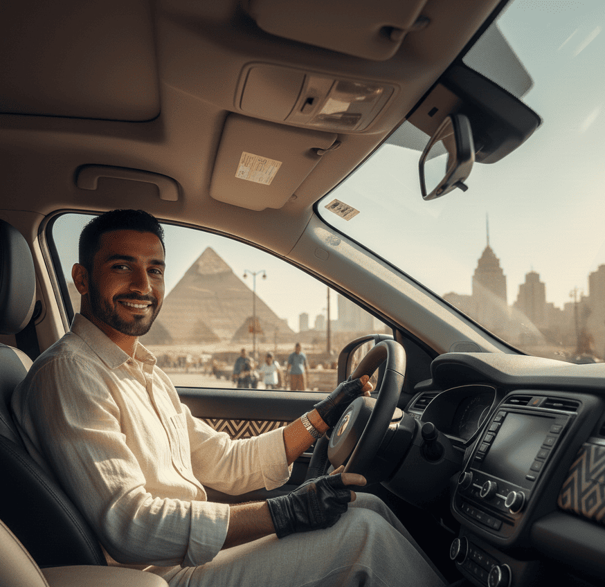 Happy Egyptian driver in modern car holding smartphone with LEXI driver app, Cairo streets background, professional photography, natural lighting
