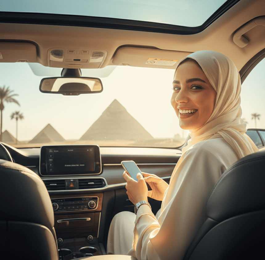 Happy young Egyptian woman in casual modern clothing smiling while looking at smartphone, Cairo city street background, bright sunny day, natural lighting, professional lifestyle photography